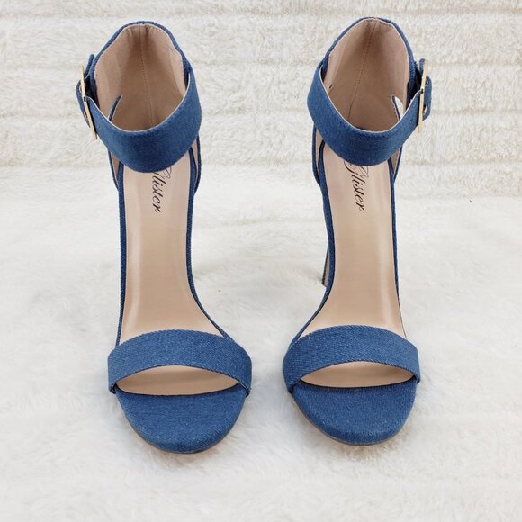 Denim Single Ankle & Toe Strap 4.5" High Heel Stiletto Shoes - Picture 7 of 10